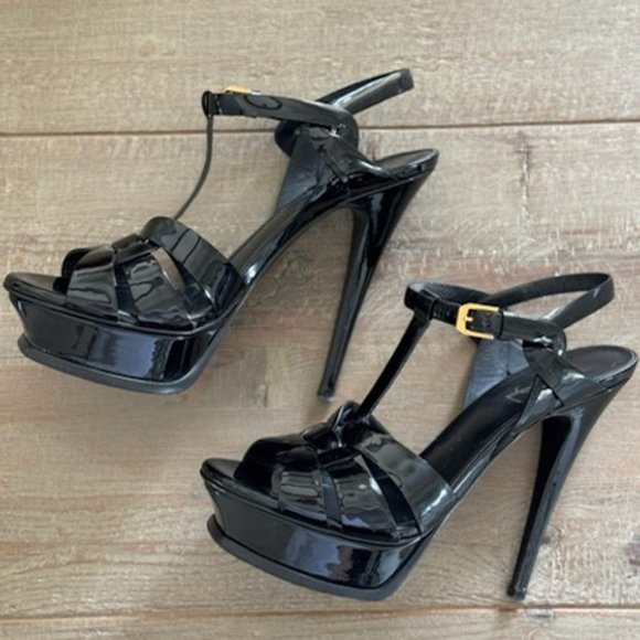 YSL Yves Saint Laurent Tribute Sandals in Black Patent Leather Size 38.5 - Picture 1 of 5